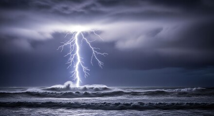 Dramatic lightning strike over ocean waves during an intense storm