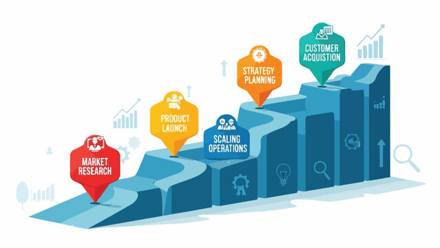 A 3D bar chart with six business strategy milestones