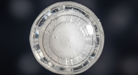 Clear liquid in round container, bubbles on surface, macro shot