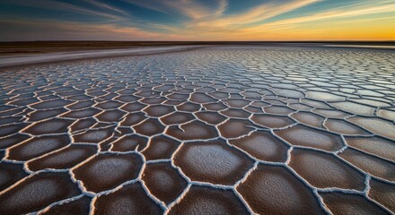 Salt flats at dusk show hexagonal patterns and sunset sky.