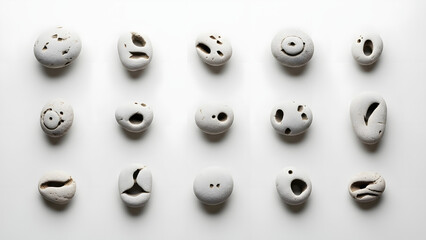 Collection of white ceramic face emoticons arranged in grid pattern on plain surface from overhead viewpoint