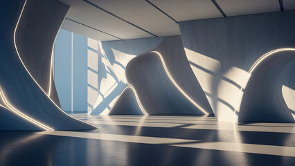Futuristic interior with abstract curved shapes and natural light streaming through windows, creating a 3D effect from a low viewpoint