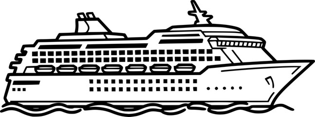 Obraz premium Cruise Boat Drawing – Black and White Vector Illustration, Cruise Ship, Passenger Vessel, Ocean Travel, Maritime Transport, Outline Sketch, Line Art, Editable Vector Design. 