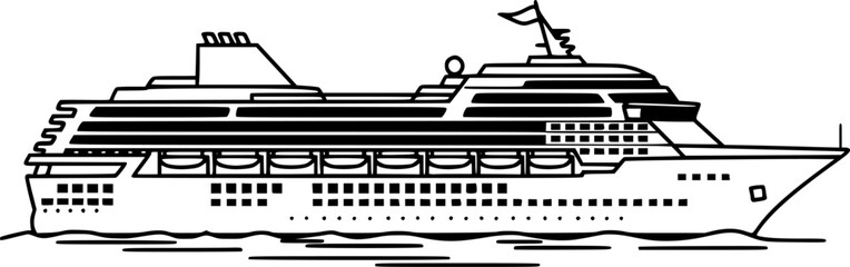Naklejka premium Cruise Boat Drawing – Black and White Vector Illustration, Cruise Ship, Passenger Vessel, Ocean Travel, Maritime Transport, Outline Sketch, Line Art, Editable Vector Design. 