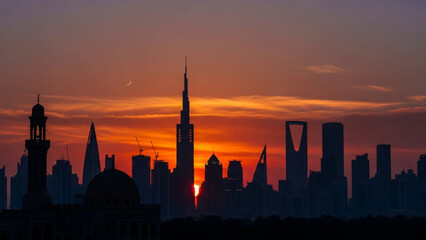 Fototapeta premium Dubai Skyline Silhouette at Sunset with Burj Khalifa, UAE Cityscape, Drone Shot