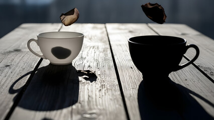 Coffee cups on a wooden table with falling leaves, contrasting light and shadow, serene atmosphere