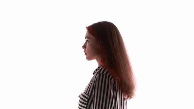 Red-haired woman in striped shirt rotating on white background. Concept of website hero presentation, brand storytelling visuals, digital advertising screens, and professional personal branding. - Powered by Adobe