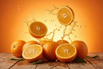 Juicy whole and halved oranges splashing bright citrus juice onto a rustic wooden surface with vivid gradient background, capturing motion, freshness and summer refreshment