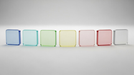 A row of colorful square objects on a plain background