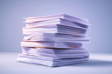 Stack of disorganized paperwork on a plain background