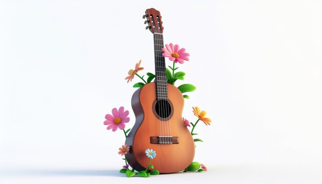 Acoustic guitar embraced by vibrant flowers in bloom, whimsical, bright lighting, celebrating music and nature's harmony, springtime ambiance.