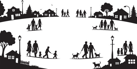 Obraz premium Silhouette of people walking in a suburban neighborhood park