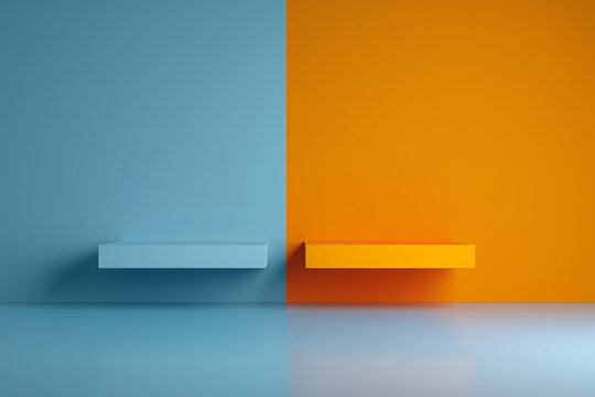 Minimalist interior design with blue and orange shelves