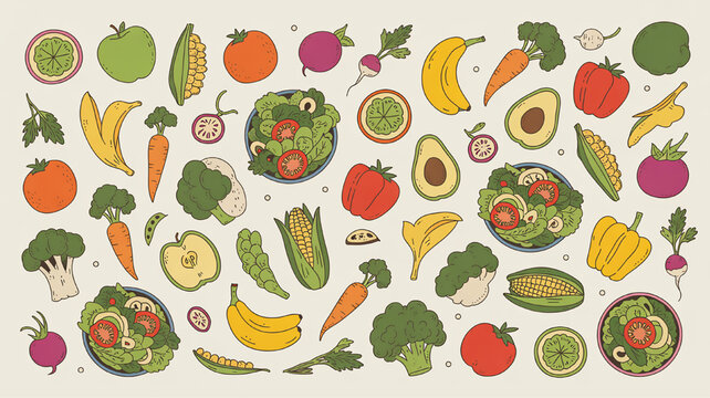Vibrant collection of fresh fruits and vegetables hand-drawn illustration with a healthy eating concept perfect for food blogs and healthy lifestyle designs