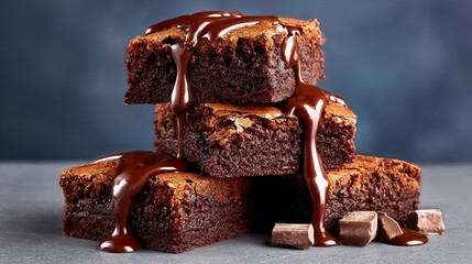 Chocolate brownies stacked and dripping with rich chocolate sauce.