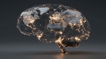 Global Brain: A thought-provoking representation of interconnectedness. A translucent brain model, etched with lines of light that trace the world map, symbolizing a network of ideas, information.