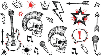 Rock n roll punk music doodle icon set. Graffiti, tattoo hand drawn doodle sticker, text, skull, heart, skate, gesture hand. Marker scribble sketch music icons.