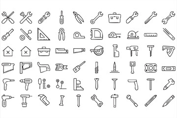 Tools and Hardware Outline Icons for Construction Apps, Repair Dashboards