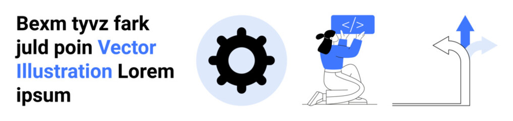 Fototapeta premium Software development, coding, decision-making, programming, digital solutions, tech innovation. Includes a gear, person coding and directional arrows. Coding and decision-making concepts