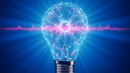 Glowing blue light bulb with pink neural network and heartbeat line, symbolizing innovative ideas and creativity
