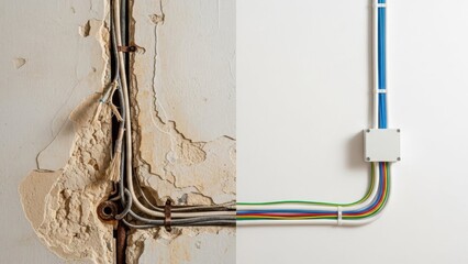 Electrical Wiring Transformation: An image revealing the before-and-after of electrical wiring, demonstrating the journey from aged, damaged cables to a modern, structured installation.