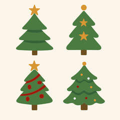 Fototapeta premium Set of cute Christmas trees in flat festive style with simple decorative elements