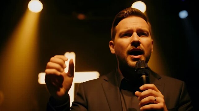 Young man singing with band during religious worship service. Modern christian praise and worship music performance for evangelism. Baptist and Pentecostal services. Song to Jesus.