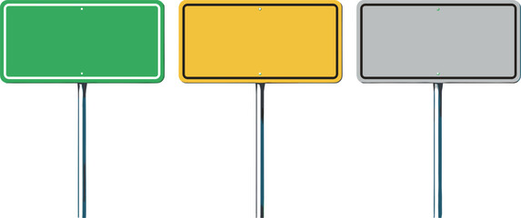 Blank road signboards set with green yellow and gray panels on poles, isolated traffic signage templates for navigation and direction design © Mason Murp Creations