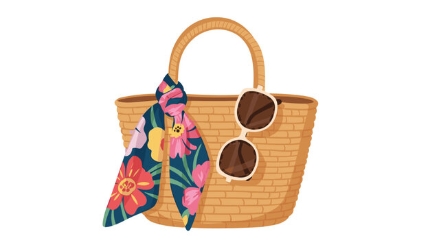 Stylish woven straw bag adorned with a colorful floral patterned scarf tied to its handle and a pair of chic sunglasses, perfect for summer.