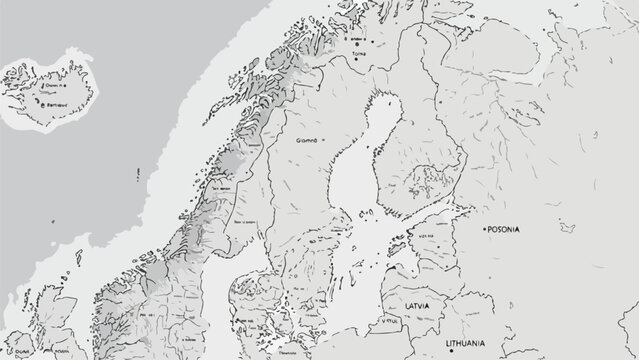 A black and white map of northern Europe