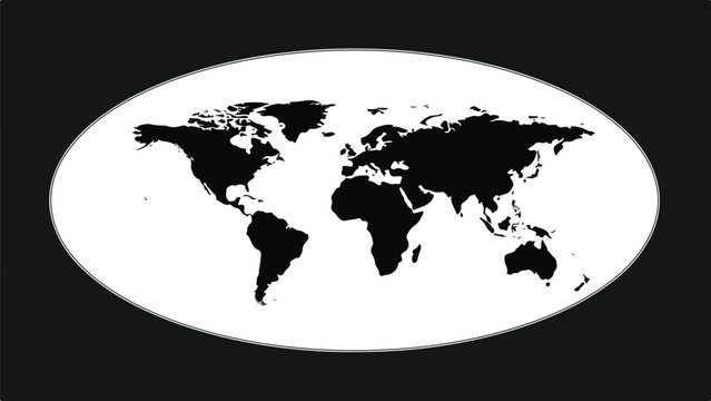 A black and white map of the world on a white oval