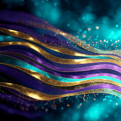 Glitter Teal Violet Golden  Wave Stripes Design Sparkle Motion Lines with bokeh effect background	