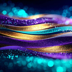 Glitter Teal Violet Golden  Wave Stripes Design Sparkle Motion Lines with bokeh effect background	