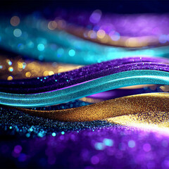 Glitter Teal Violet Golden  Wave Stripes Design Sparkle Motion Lines with bokeh effect background	