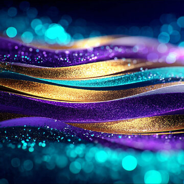 Glitter Teal Violet Golden  Wave Stripes Design Sparkle Motion Lines with bokeh effect background	