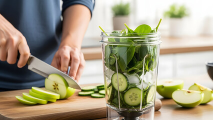 Person slicing green apple for healthy smoothie with spinach and cucumber in blender