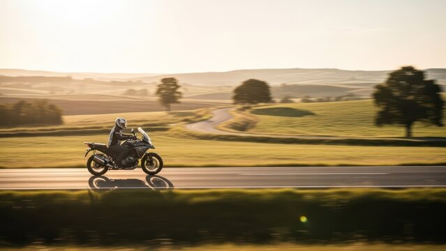 Motorcycle riding on a scenic country road at sunset with beautiful natural light.