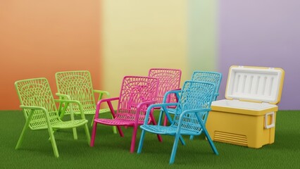 Colorful Outdoor Chairs and Cooler Arrangement on Green Grass.