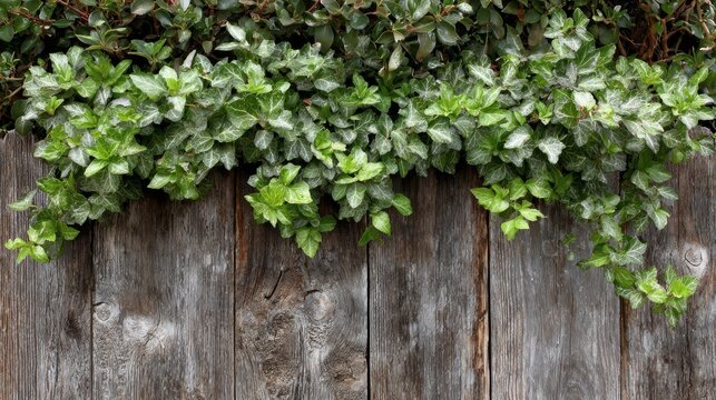 Green foliage cascading over a weathered wooden fence creating a natural border.