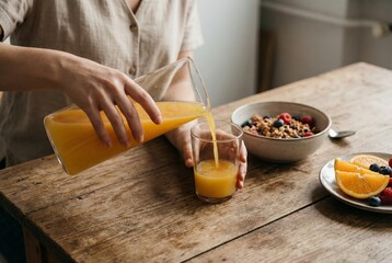 Person pouring fresh orange juice from a glass pitcher into a clear glass beside a bowl of granola with berries and sliced oranges on a rustic wooden table for healthy breakfast
