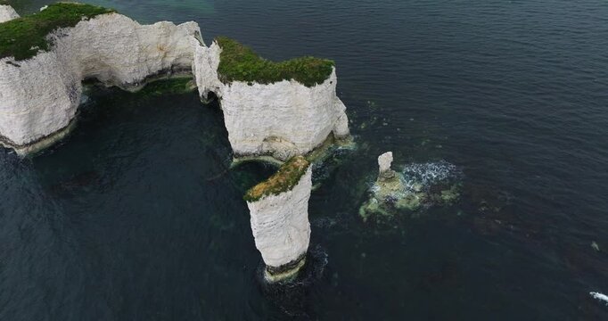 Old Harry Rocks, Chalk Formations At Handfast Point On The Isle Of Purbeck In Dorset, England. - aerial shot