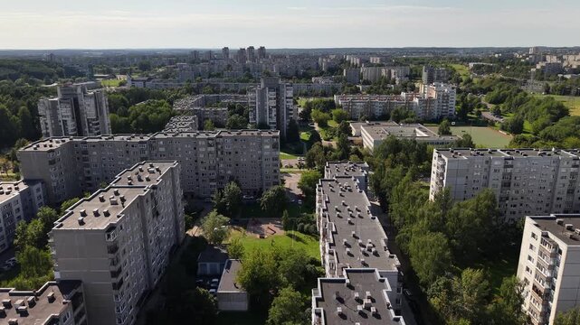 Aerial forward view showing aligned and perpendicular housing blocks in &Scaron;e&scaron;kinė