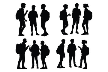 Black silhouettes of students with backpacks standing and talking