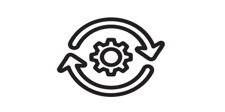 Sync vector icon, refresh and update symbol with setting gear, black outline and filled style, isolated on transparent background, minimalist vector design for UI, web, and print.Sync vector icon, ref