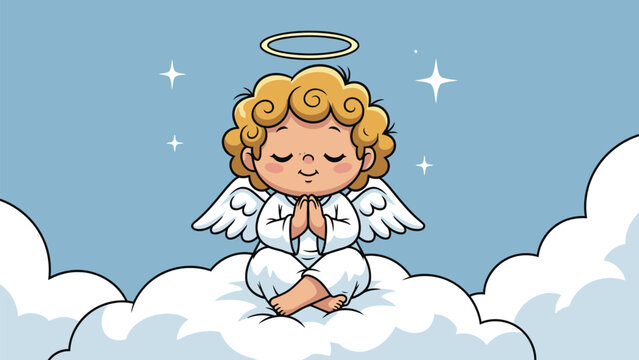 A cute blonde baby angel with golden curly hair sits peacefully on fluffy white clouds, hands pressed together in prayer.