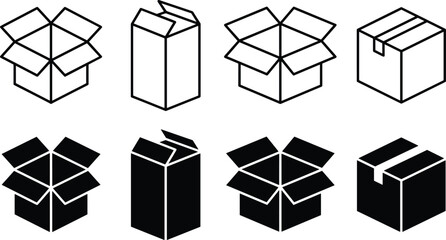 Open and closed cardboard box icon set in outline and solid styles for packaging shipping storage and delivery concepts ©  Alexander Creations