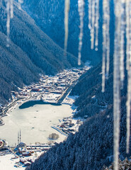 Uzungol Lake in the Winter Season Drone Photo, Black Sea Symbol Background Photo, Caykara Trabzon, Turkiye (Turkey)