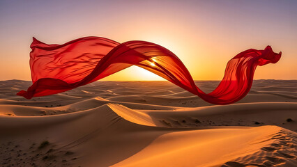 A long piece of red fabric flying over golden desert sand dunes, the fabric movement mimics the shape of the dunes, golden hour sunset, Saudi landscape and heritage blend
