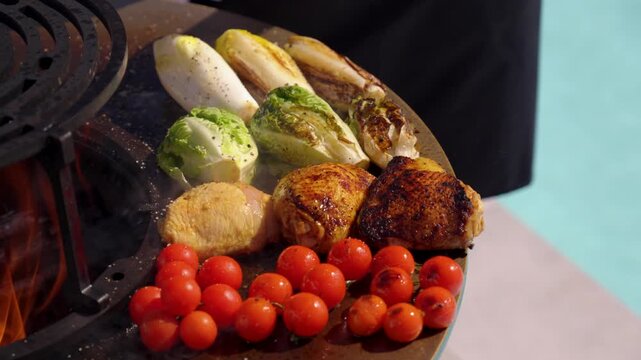 close-up of a brazier cooking plate with vegetables and meat cooking, a man comes to add a pinch of seasoning