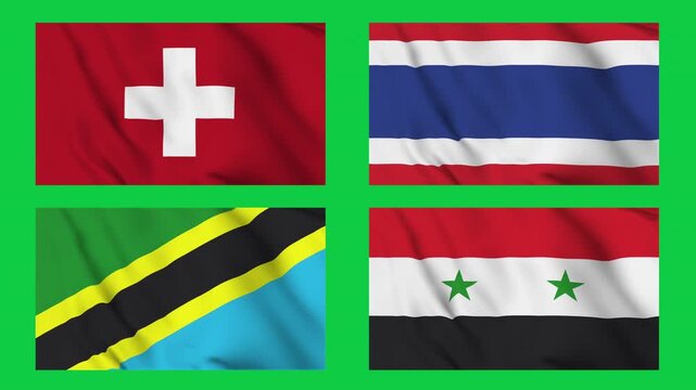 World Countries Flag Loop. Realistic Four Countrys Flag Waving Animation